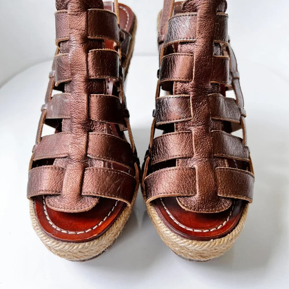 Christian Louboutin Bronze Barcelona Leather Espadrille Wedge Sandals Size EU 39